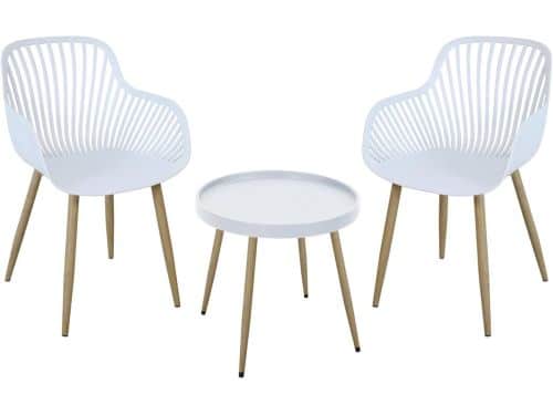 Ronde 3-Delige Balkonset Tuinmeubelen Wit met Houtlook - Compact Terrasmeubilair