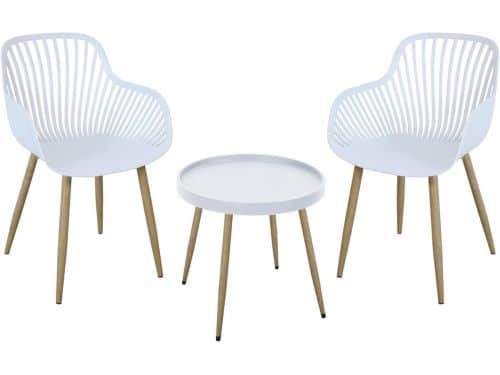 Ronde 3-Delige Balkonset Tuinmeubelen Wit met Houtlook - Compact Terrasmeubilair