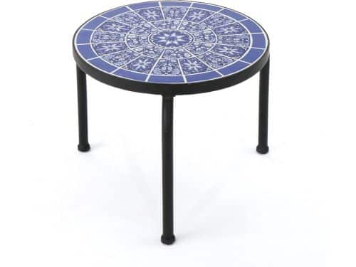 Ronde Bijzettafel met Blauw-Witte Keramische Tegel & Zwart IJzeren Frame