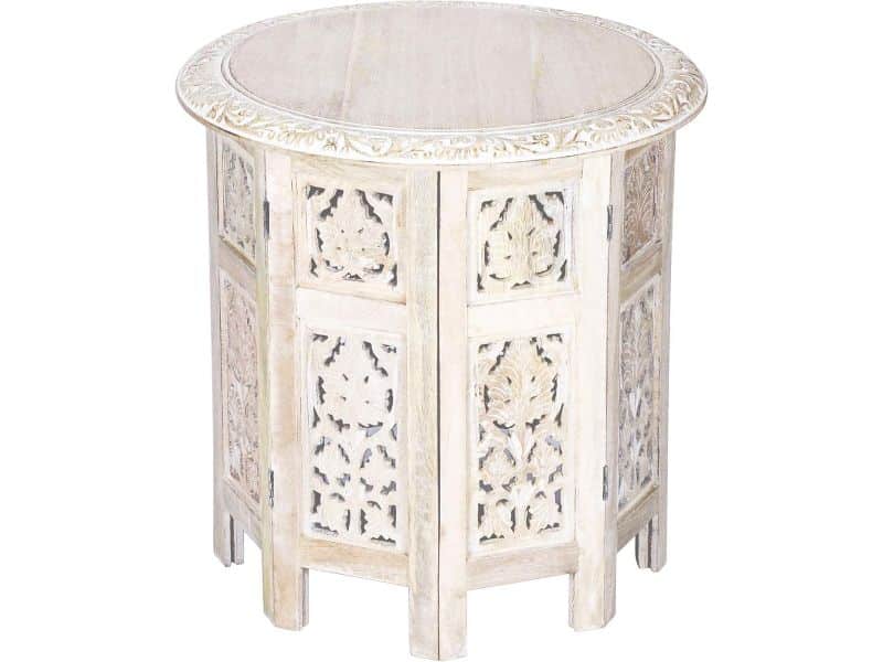 Ronde Bijzettafel van Hout - Oosterse Klaptafel met Shabby White