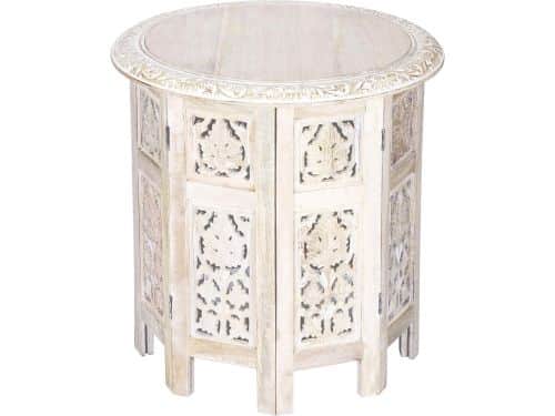 Ronde Bijzettafel van Hout - Oosterse Klaptafel met Shabby White