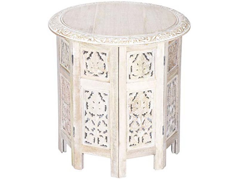 Ronde Bijzettafel van Hout - Oosterse Klaptafel met Shabby White