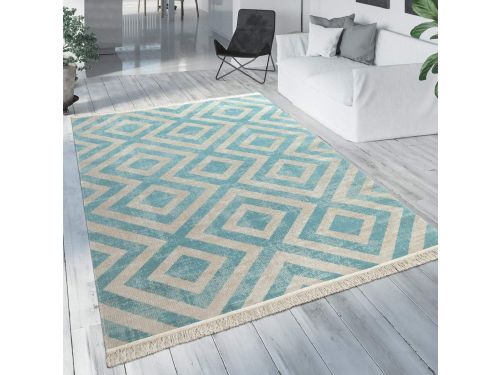 Ronde Buitenkleed Ø 200cm Blauw Wit Ruitpatroon Scandinavisch Design voor