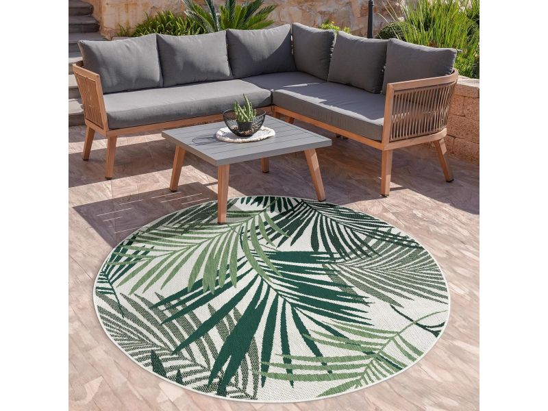 Ronde Buitenmat platgeweven met Palmen en Bloemen Design