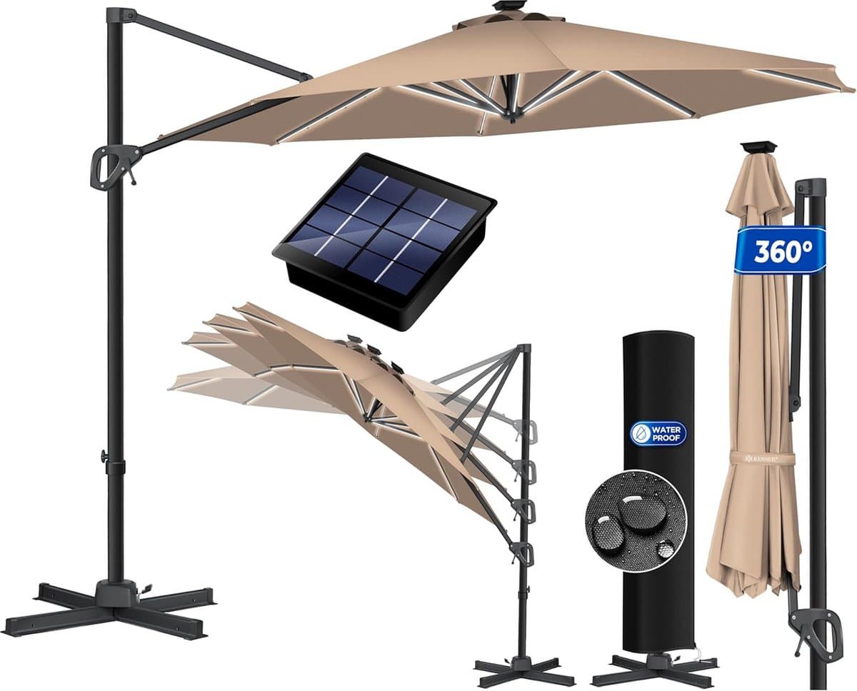 ronde zweefparasol 330cm met led solar verlichting kantelbaar en 360