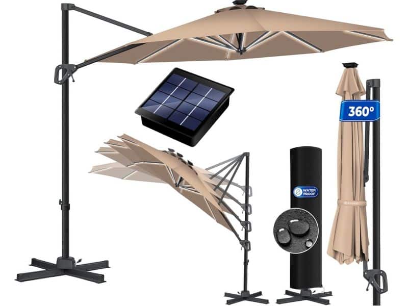 Ronde Zweefparasol 330cm met LED Solar Verlichting Kantelbaar en 360