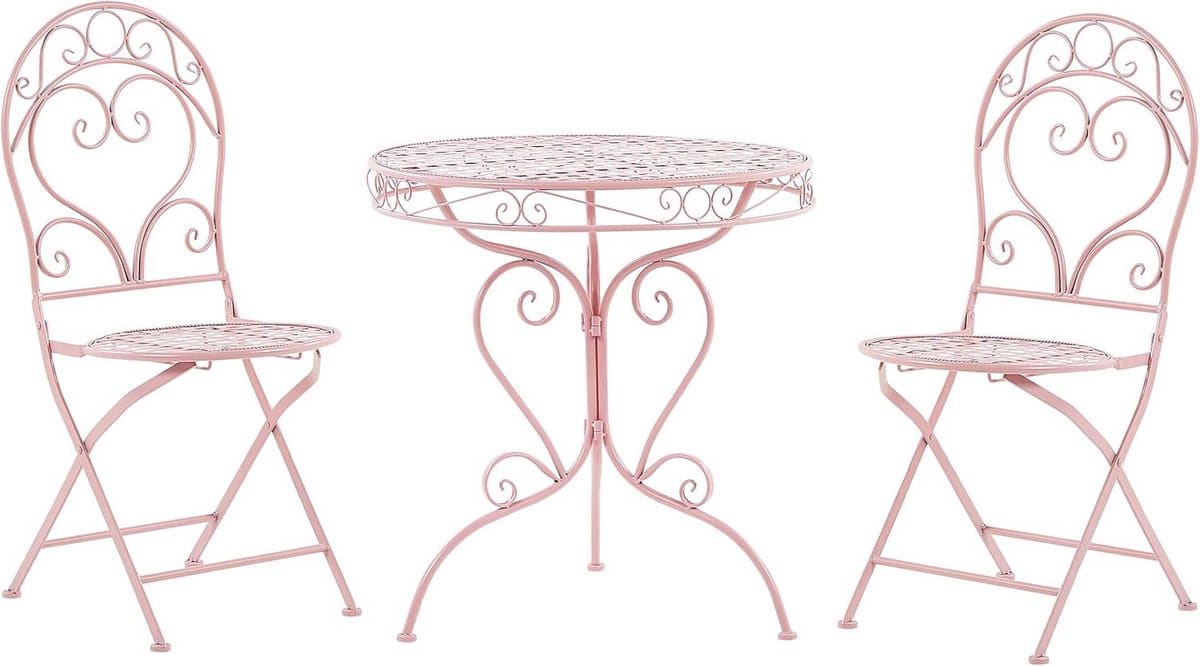 roze metalen bistroset voor balkon en terras ronde tafel