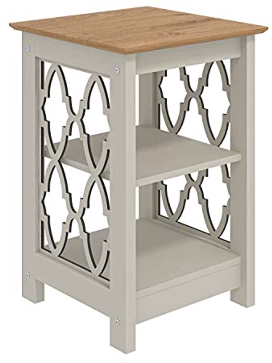 ruimtebesparende bijzettafel met plank in lichtgrijs en eiken