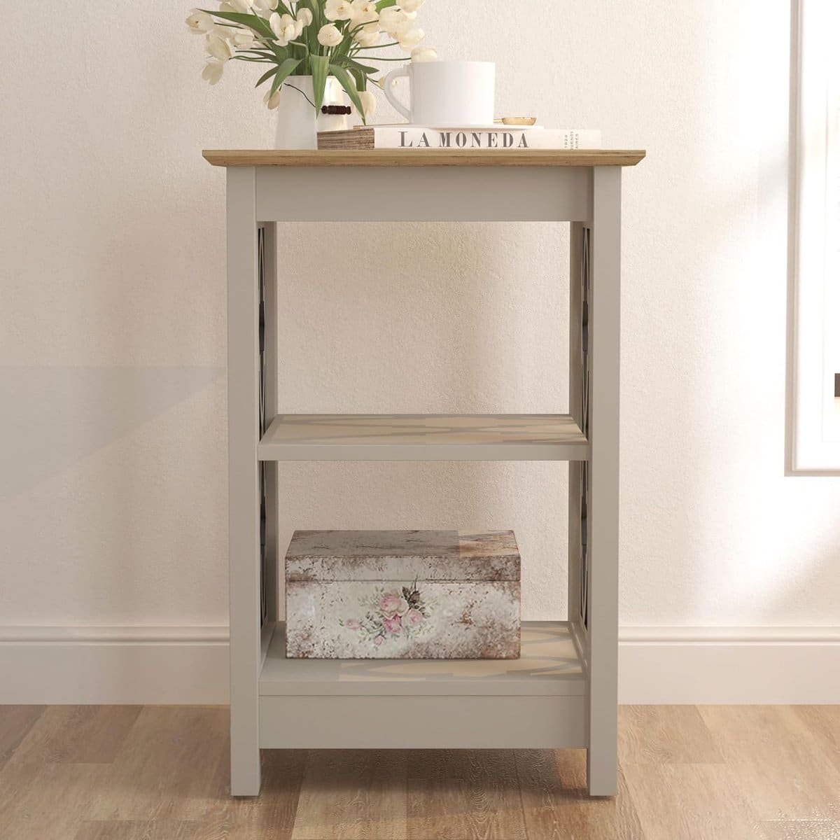 ruimtebesparende bijzettafel met plank in lichtgrijs en eiken