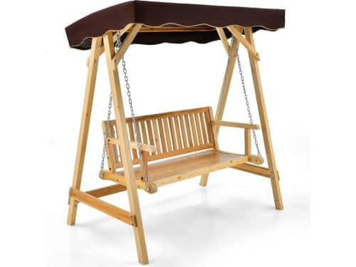 Schommelbank van hout, 2-zits, tuinschommel met verstelbaar zonnedak en metalen