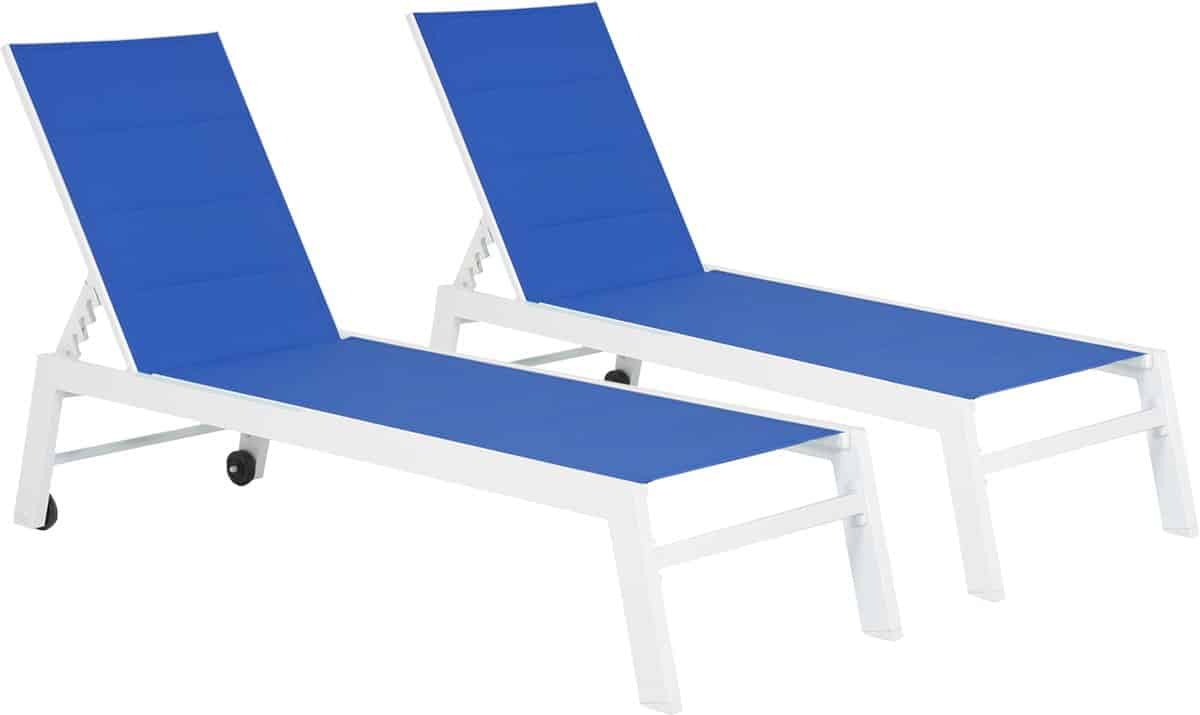 set van 2 blauwe textilene barbados ligbedden wit aluminium