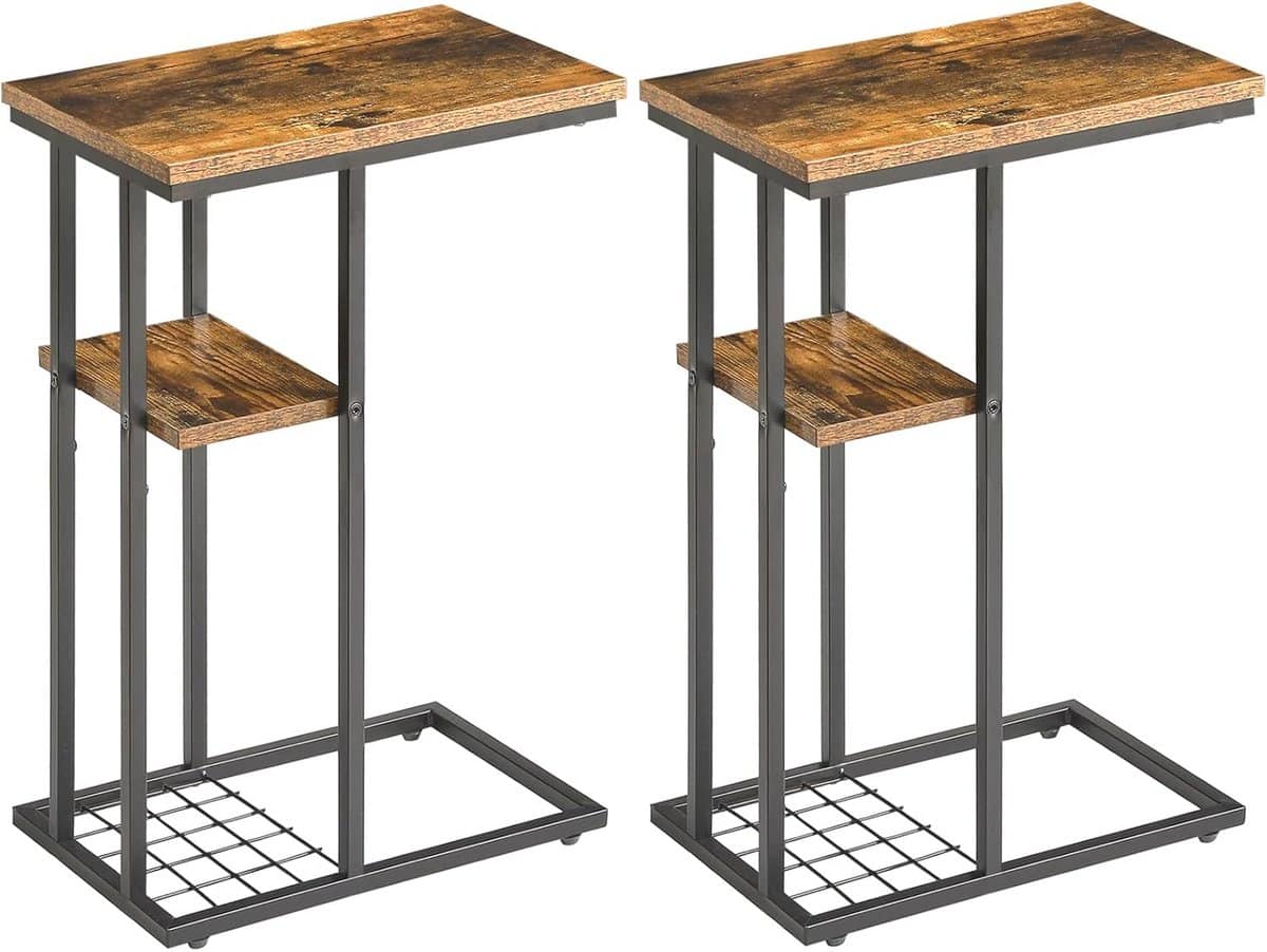 set van 2 c vormige bijzettafels met opslag en metalen structuur