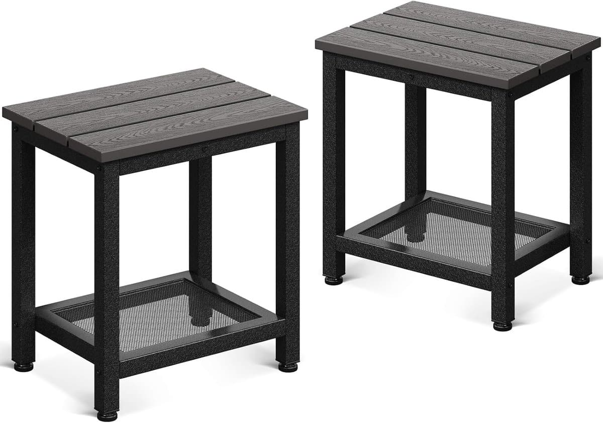 set van 2 grijze buiten bijzettafels met plank voor tuin