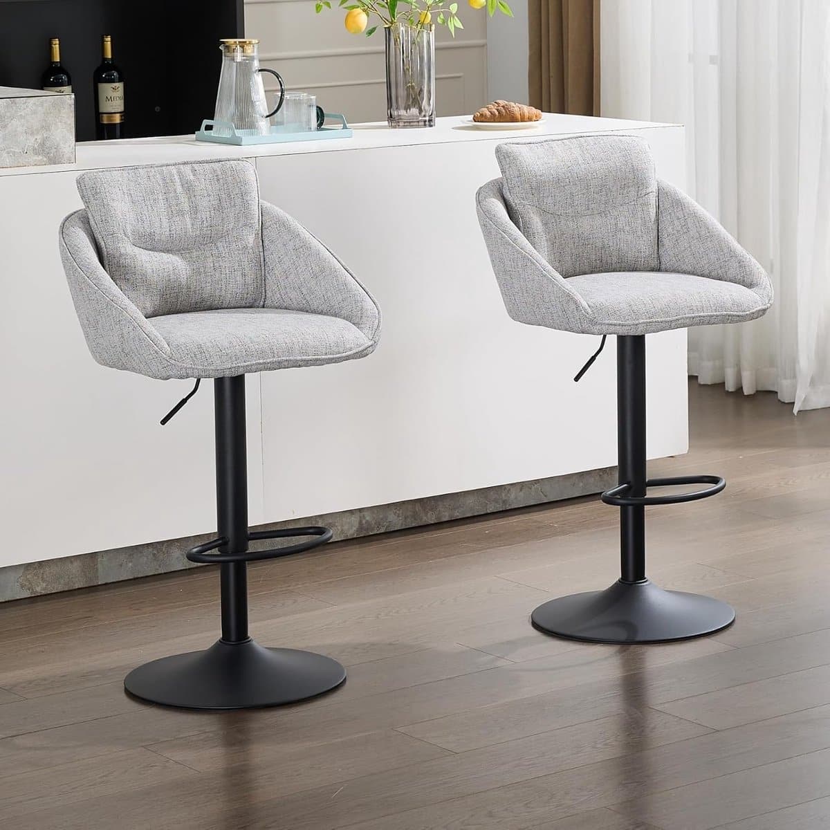 set van 2 linnen barkrukken grijs verstelbare en draaibare