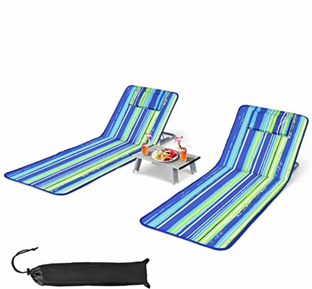 set van 2 opvouwbare strandmatrassen en bijzettafel verstelbare strandligstoelen