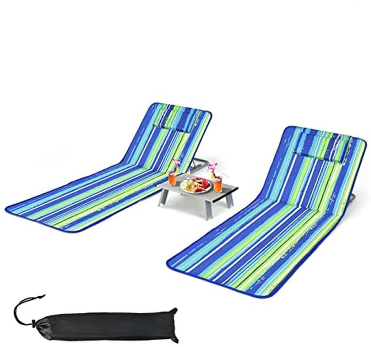 set van 2 opvouwbare strandmatrassen en bijzettafel verstelbare strandligstoelen