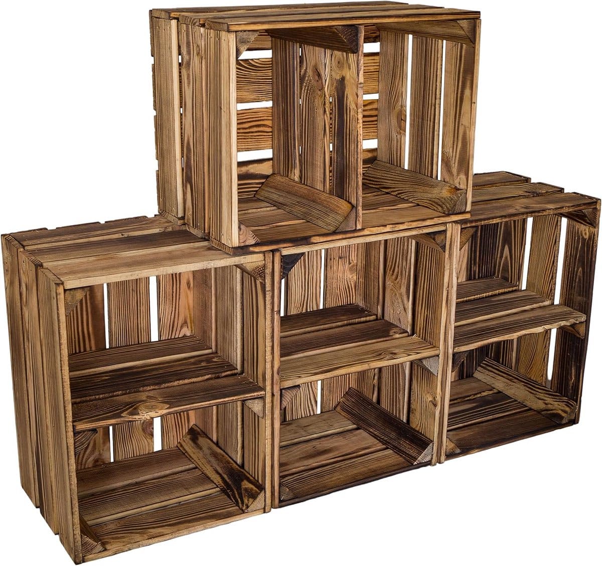 set van 4 gevlamde houten kisten 40x30x25cm robuuste opslag