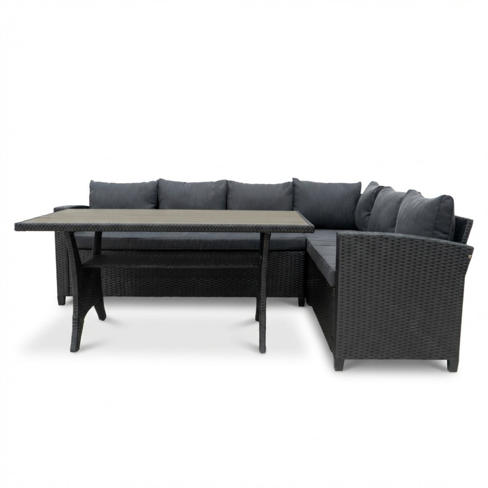 stockholm dining loungeset 6 personen | wicker + polywood | zwart/natural wood | 3 delig 245x169cm