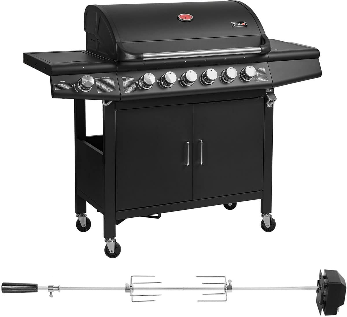 taino red 6+1 gasgrill met draaispit bbq grillwagen, roestvrijstalen brander