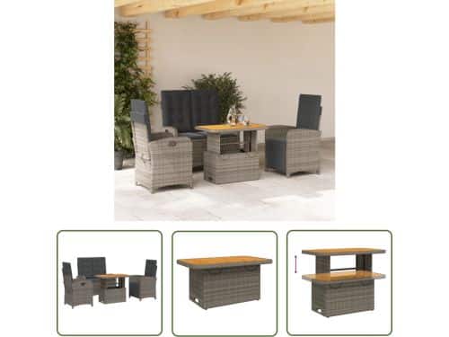 The Living Store Bistroset Grijs PE-rattan/ Staal - Verstelbare Rugleuning