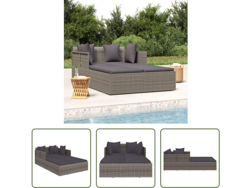 The Living Store Ligbed PE Rattan - Grijs - 182x118x63