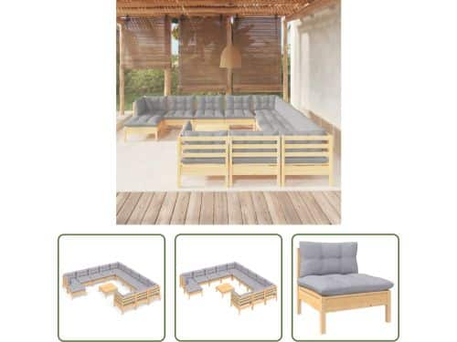 The Living Store Loungeset Grenenhout - Hoek/Middenbank - Grijs Kussen