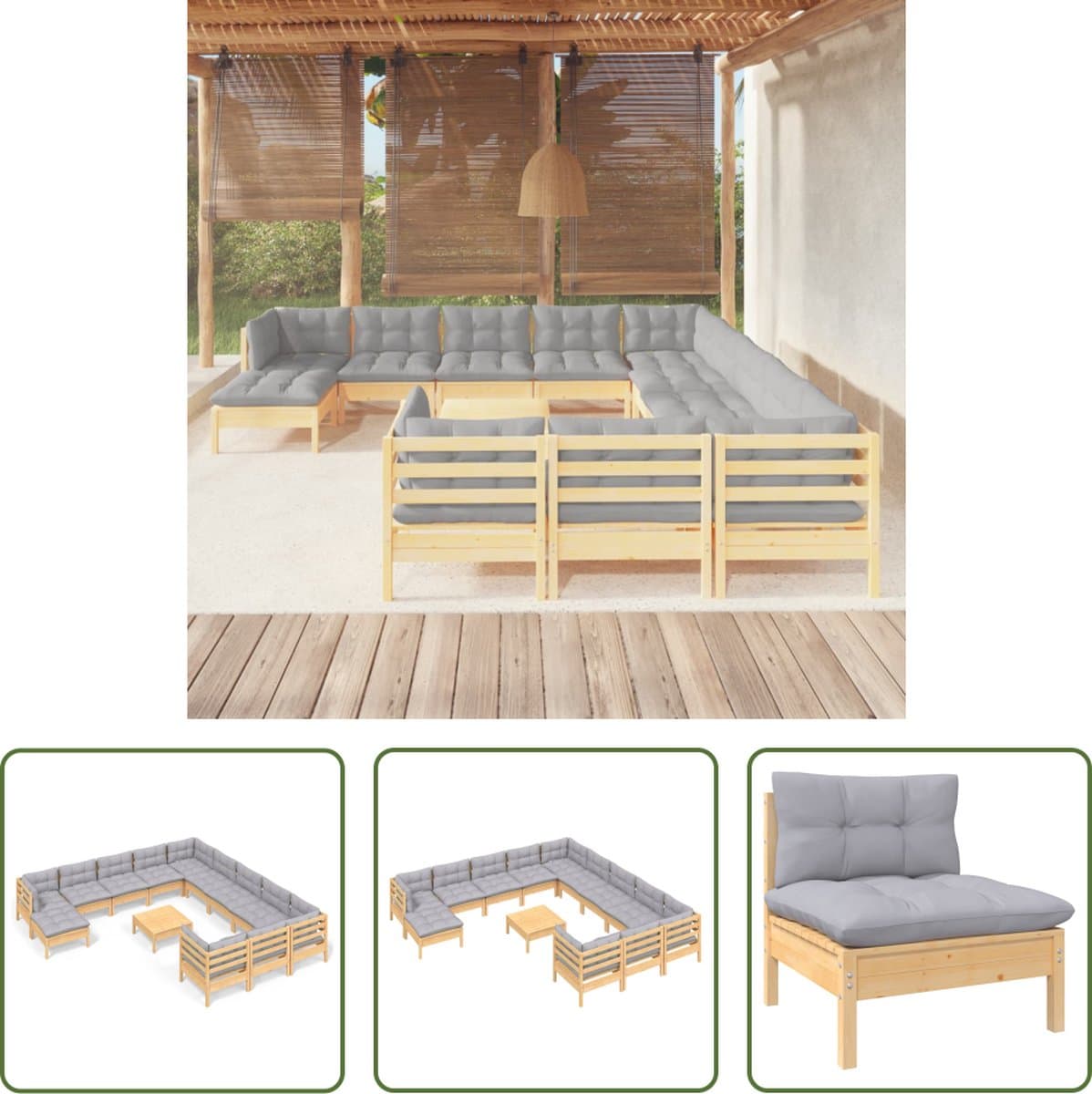 the living store loungeset grenenhout hoek/middenbank grijs kussen