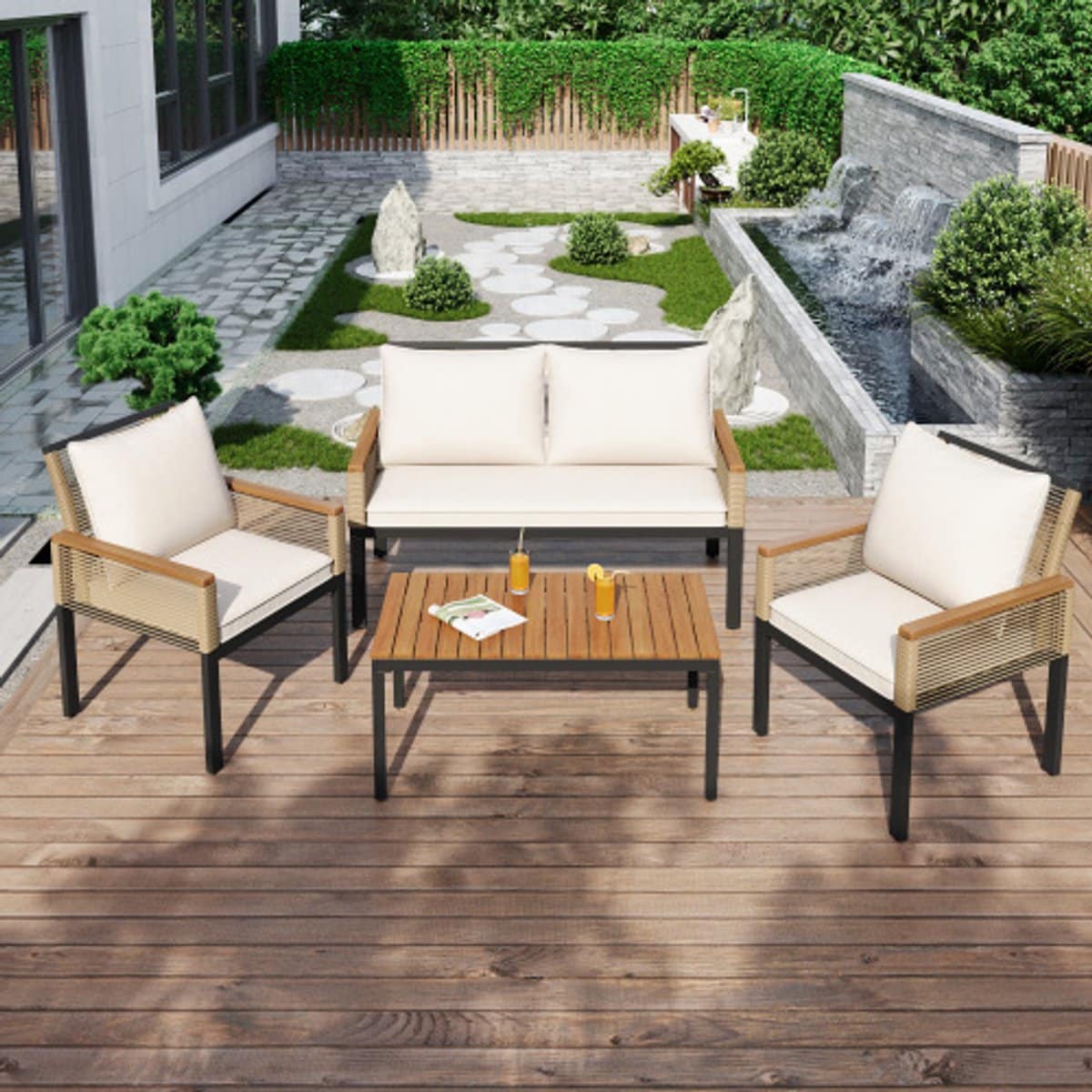 tuin loungeset, tuinmeubelset met comfortabele kussens, dubbele bank