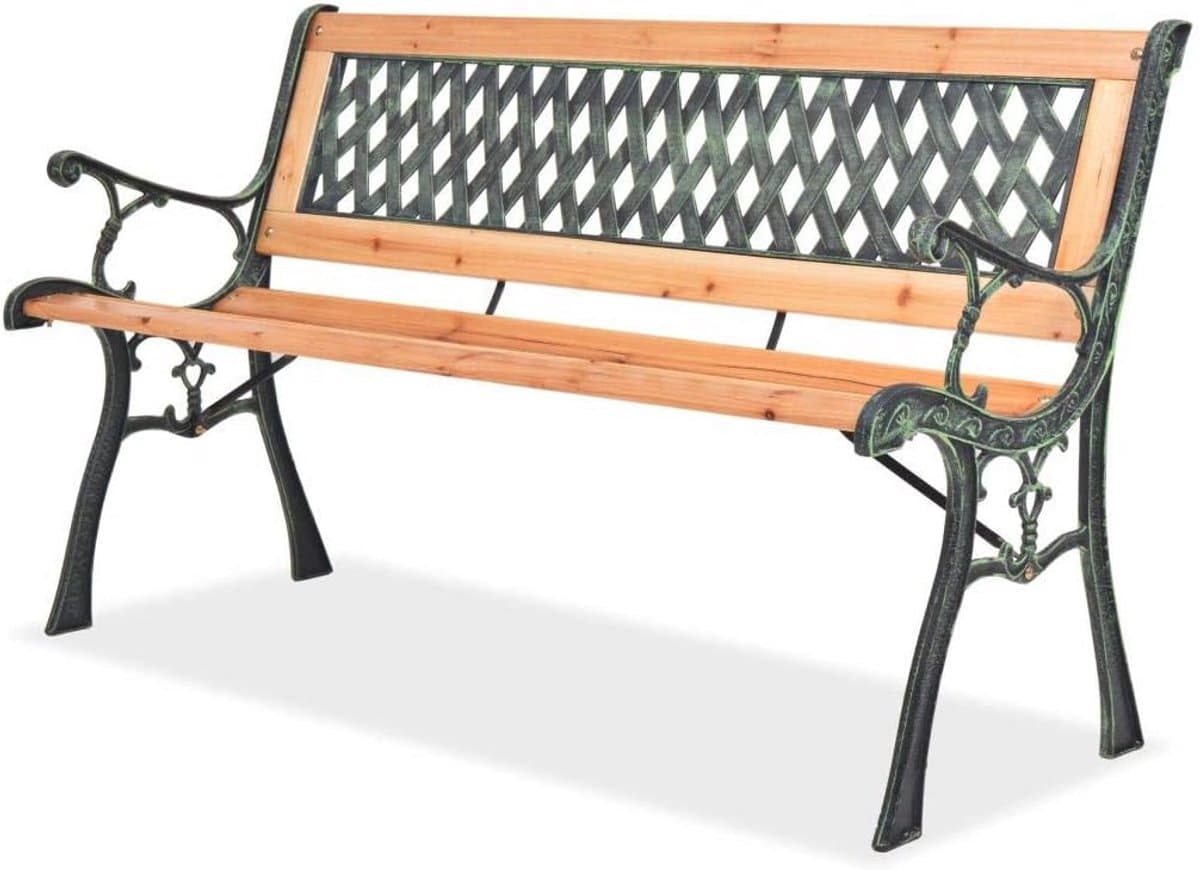 tuinbank hout en ijzer met ruitpatroon rugleuning klassiek parkbank