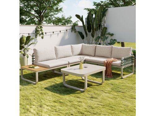 Tuinloungeset (4-5 zitplaatsen), groene leren rotan tuinmeubelset, moderne buitensofaset inclusief