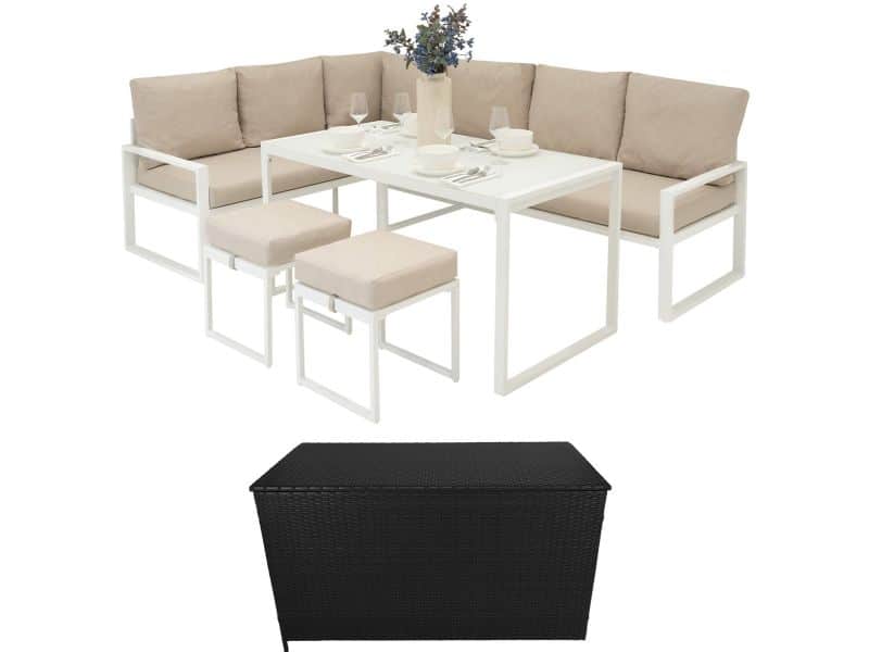 Tuinmeubel Set Wit Aluminium Rotan Opbergbox Zwart 582L Buiten Zitbank