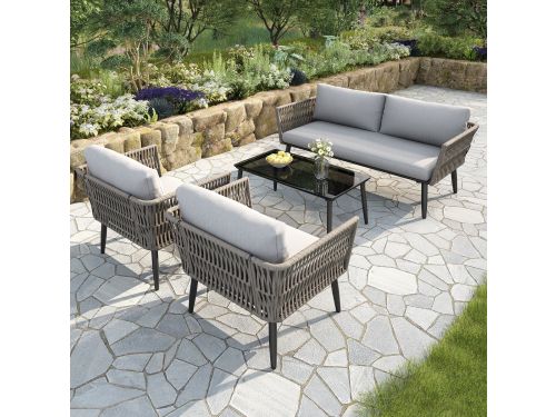 Tuinmeubelset - 2-Zits Bank 2 Stoelen en Tafel - Comfortkussens