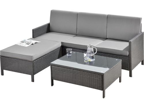 Tuinset rattan 3-delig tafel en 3-zitsbank donkergrijs lichtgrijs