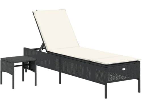 Verstelbaar Ligbed met Tafel in Zwart Polyrotan voor Tuin en