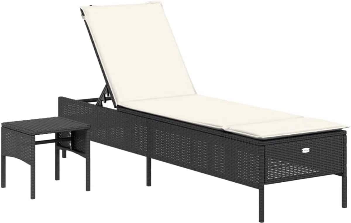 verstelbaar ligbed met tafel in zwart polyrotan voor tuin en