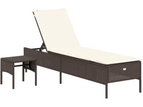 Verstelbaar Ligbed Tuinset met Tafel en Dikke Kussens Polyrotan Bruin