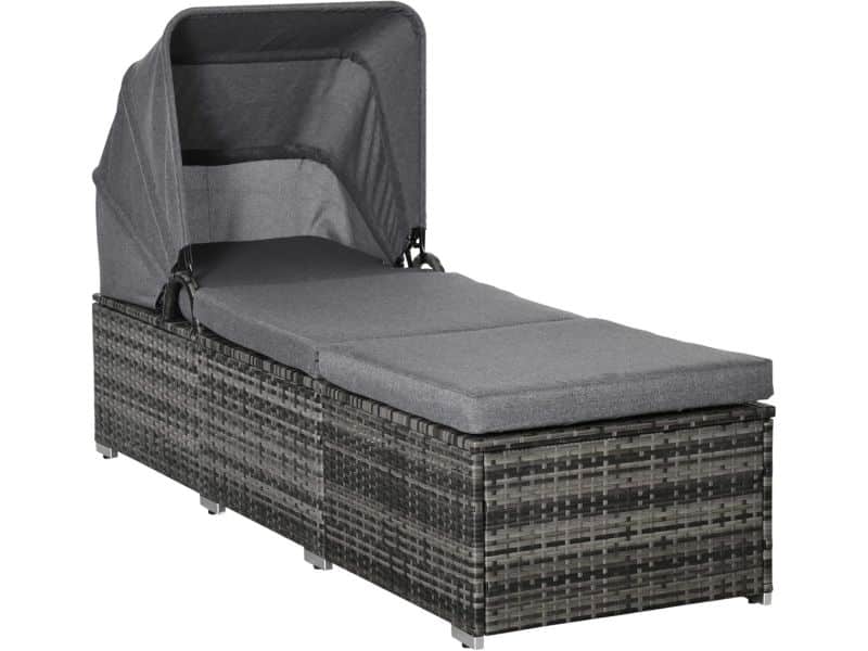 Verstelbaar Rotan Ligbed met Zonnekap en Comfortkussens - Tuinmeubel voor