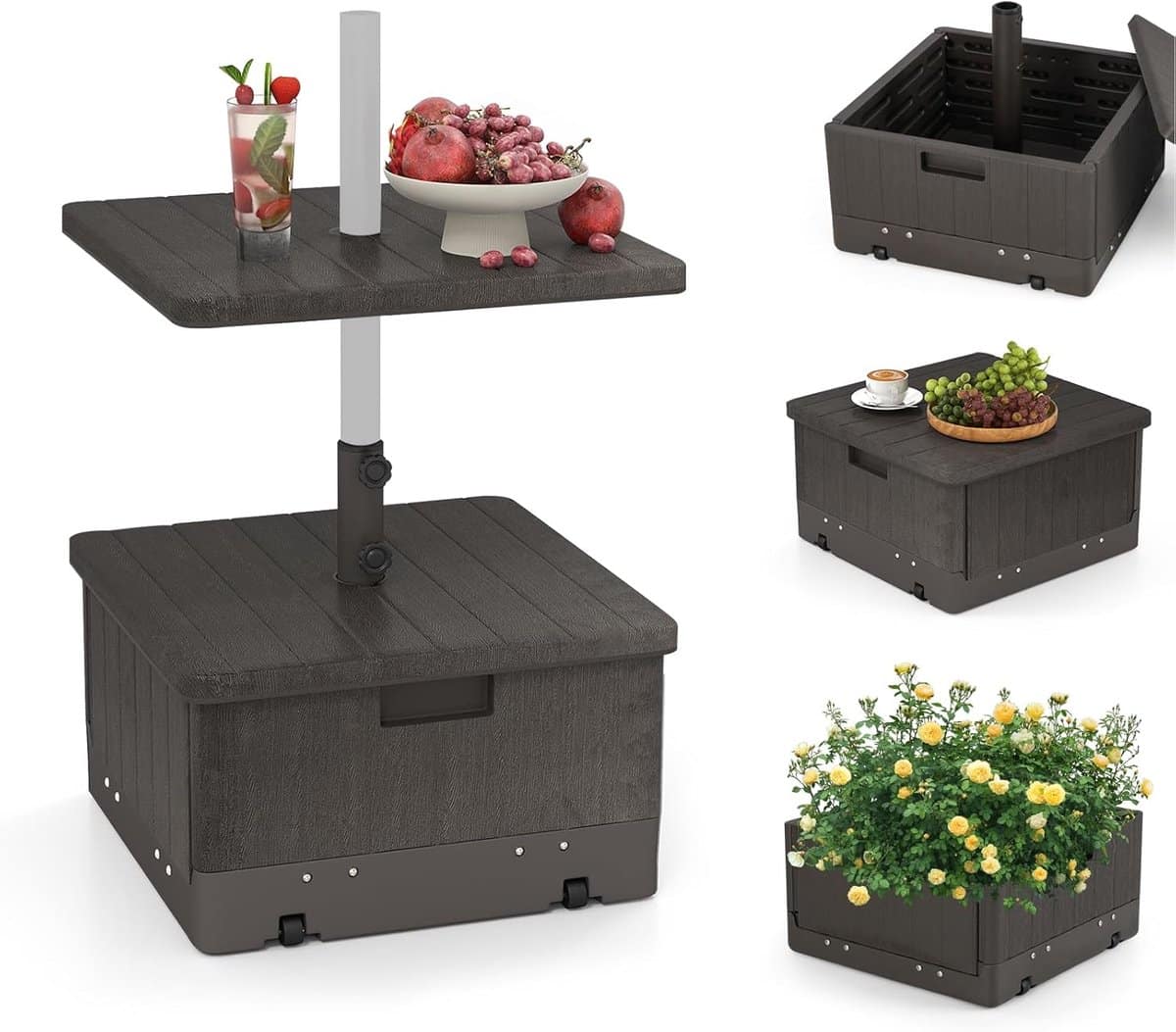 verzwaarbare parasolvoet met wielen en tafelblad, vulbaar tot 80 kg