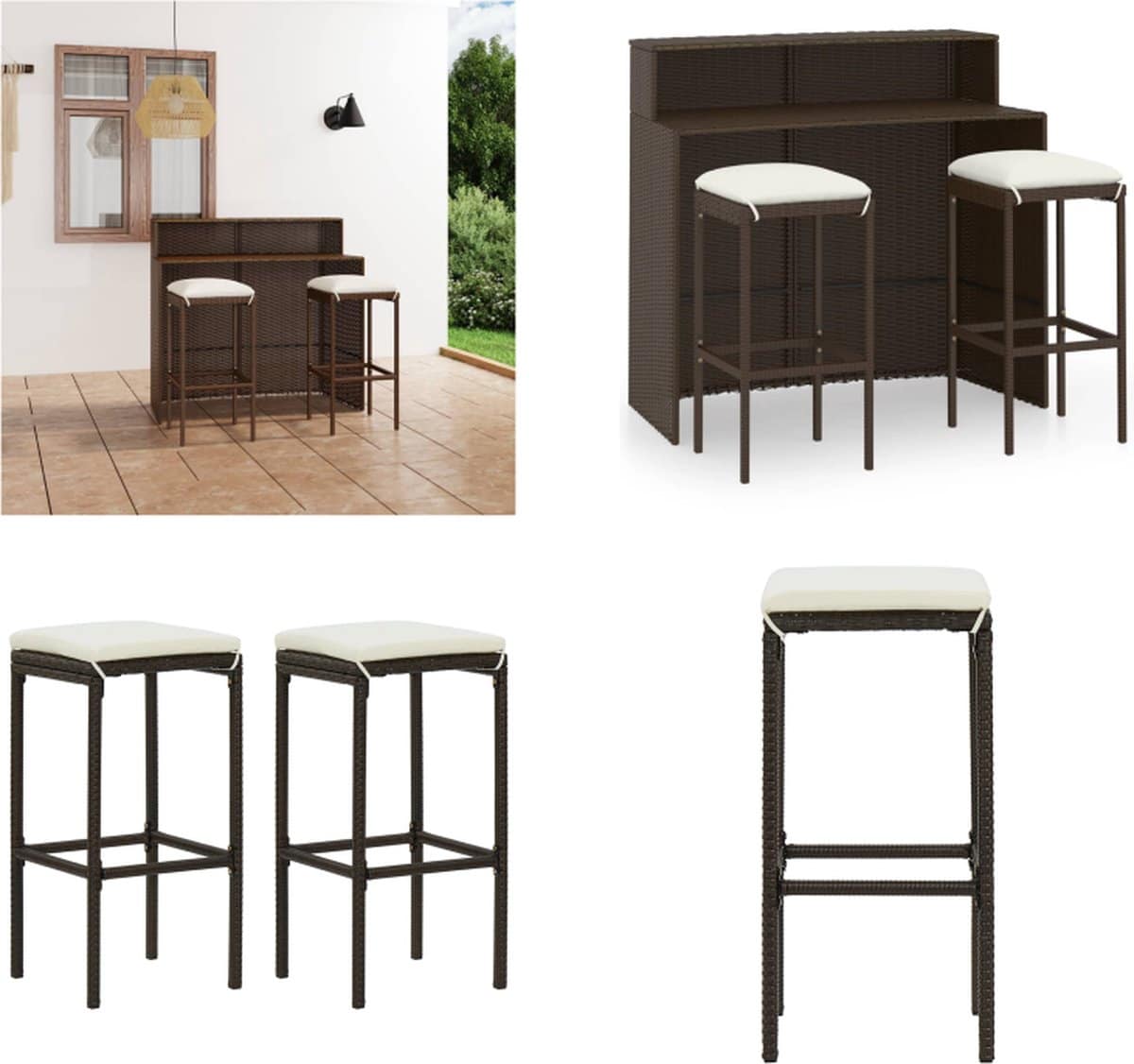 vidaxl 3 delige tuinbarset met kussens bruin barset barsets