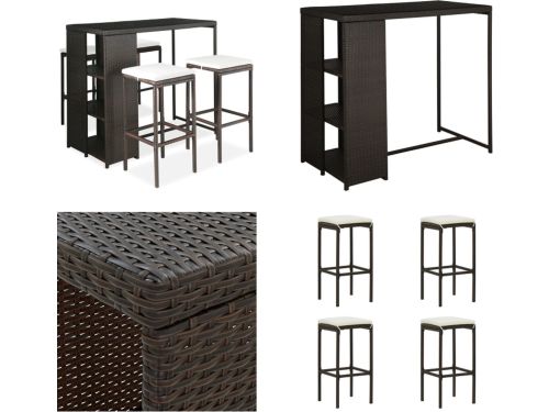 vidaXL 5-delige Tuinbarset met kussens poly rattan bruin