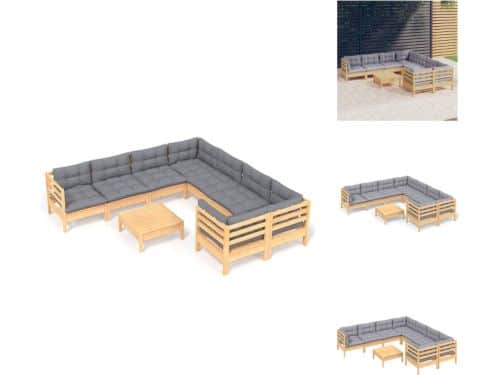 vidaXL Loungeset - Grenenhout - Grijs Kussen - Hoek/middenbank 63.5x63.5x62.5cm