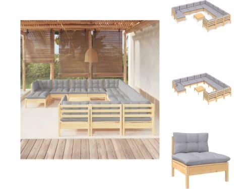 vidaXL Loungeset Grenenhout - Hoek/Middenbank - Grijs Kussen - Montage