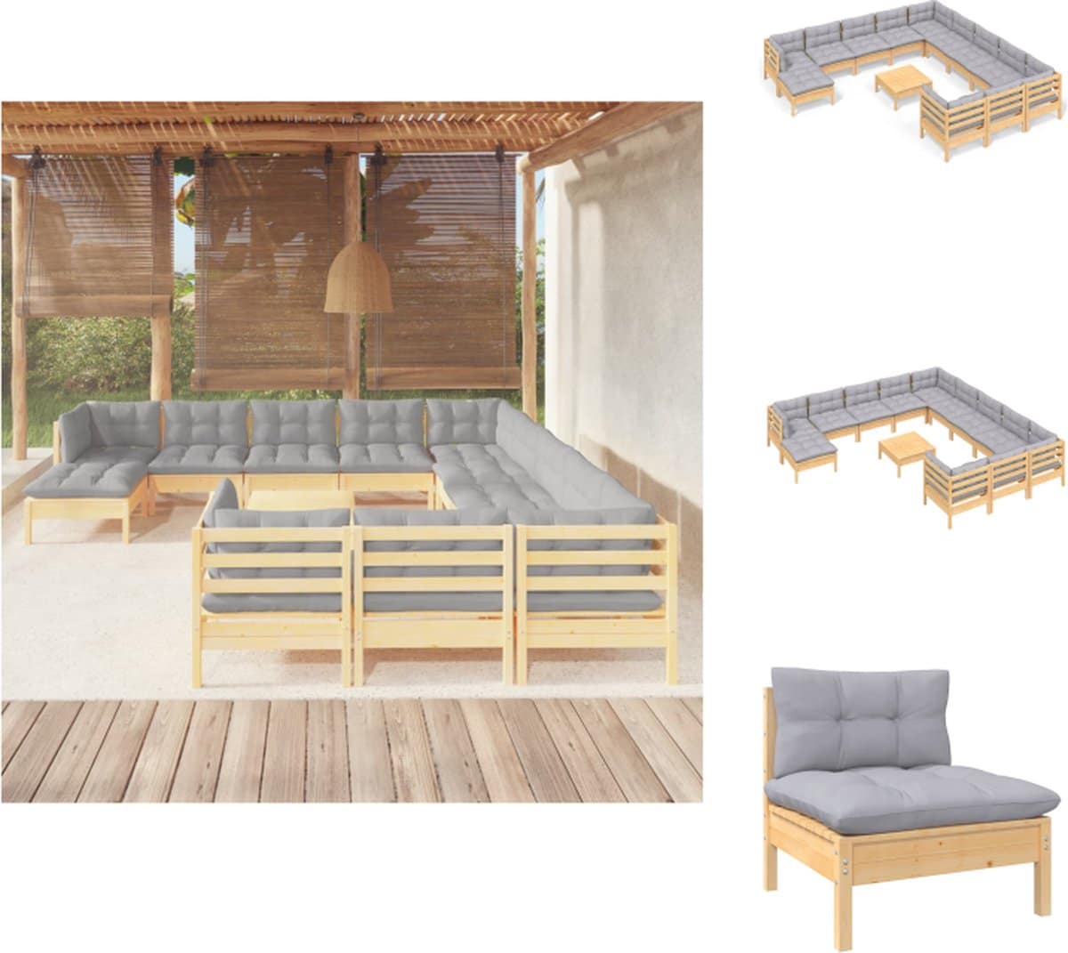 vidaxl loungeset grenenhout hoek/middenbank grijs kussen montage