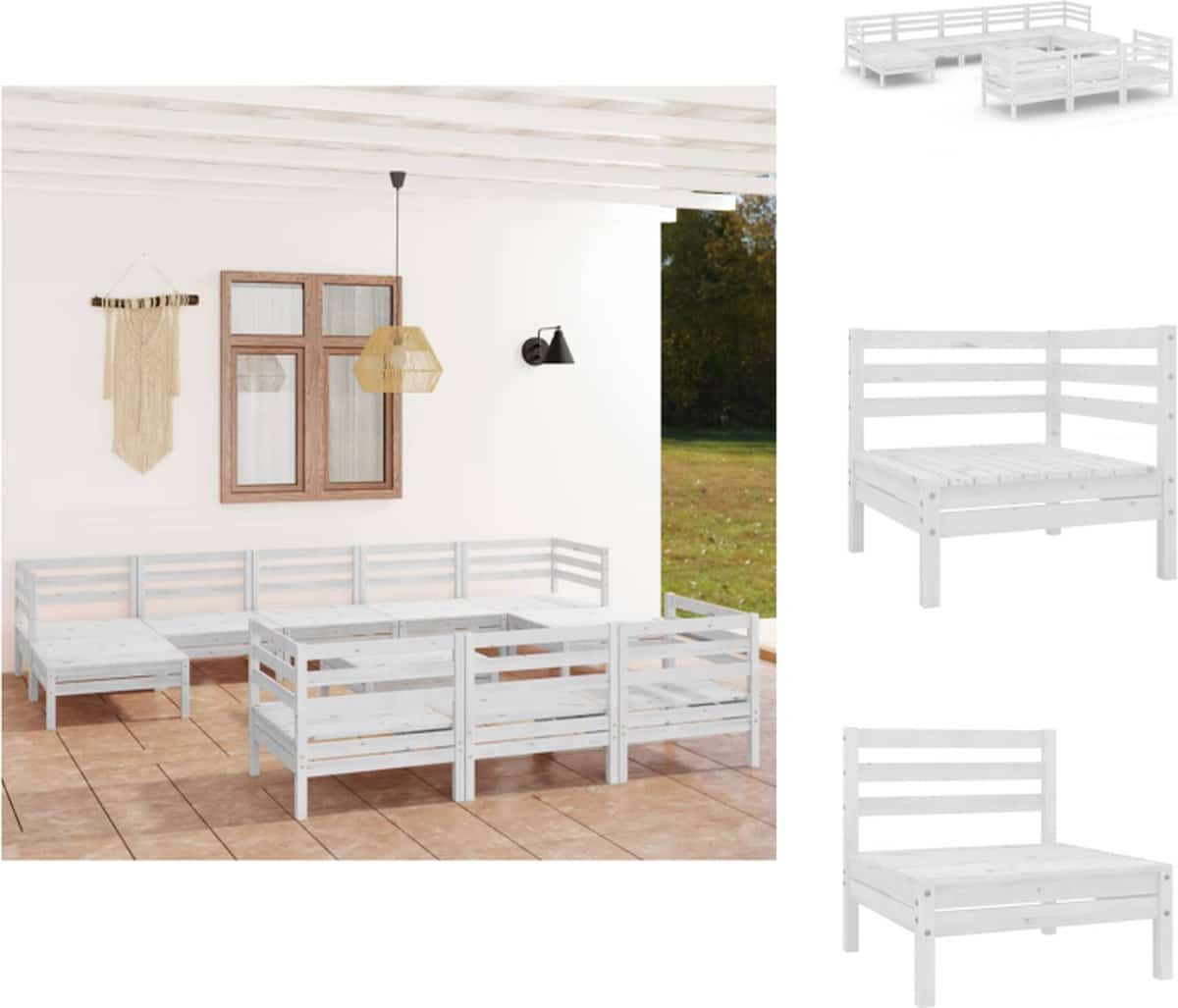 vidaxl loungeset massief grenenhout wit hoek/middenbank 63.5