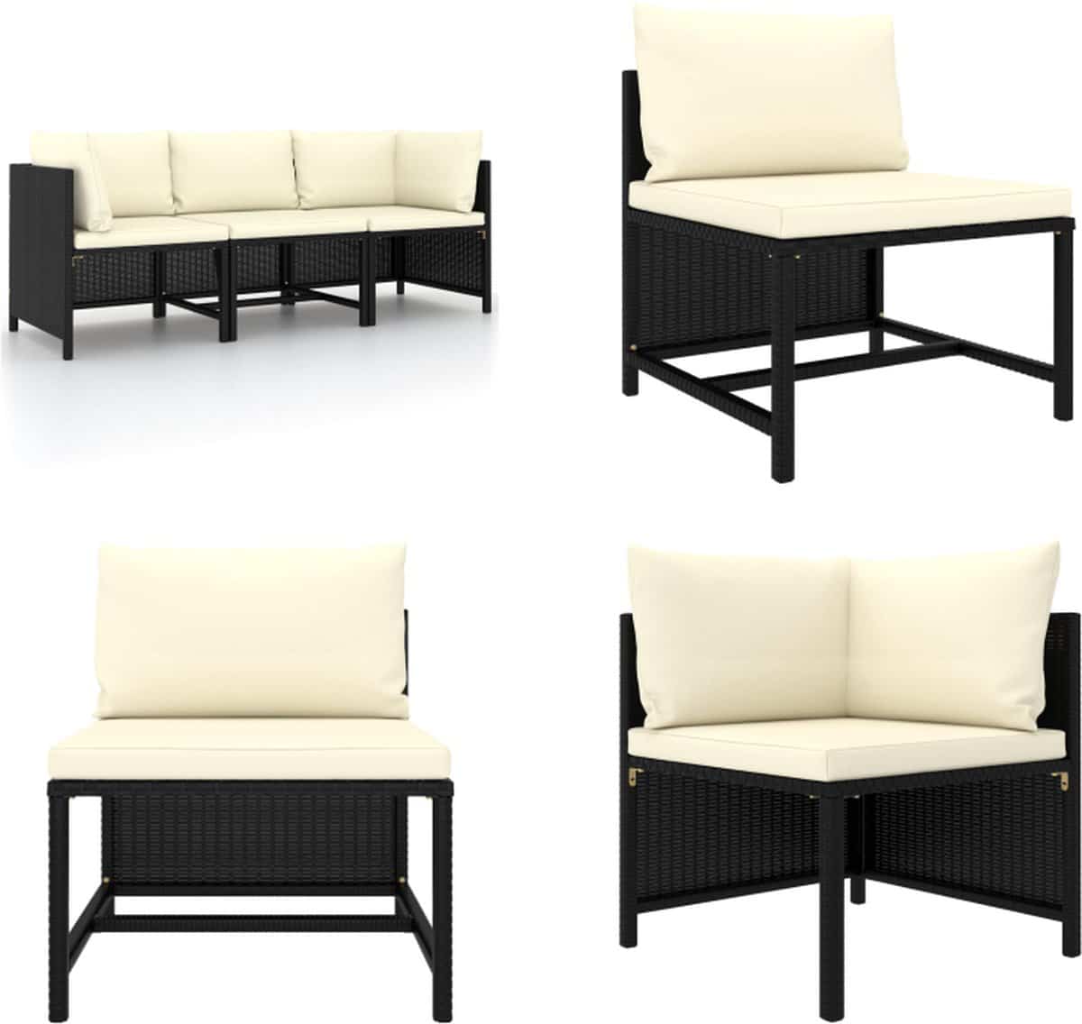 vidaxl tuinbank 3 zits met kussens poly rattan zwart