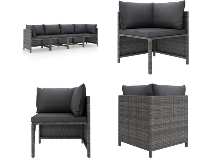 vidaXL Tuinbank 4-zits met kussens poly rattan grijs
