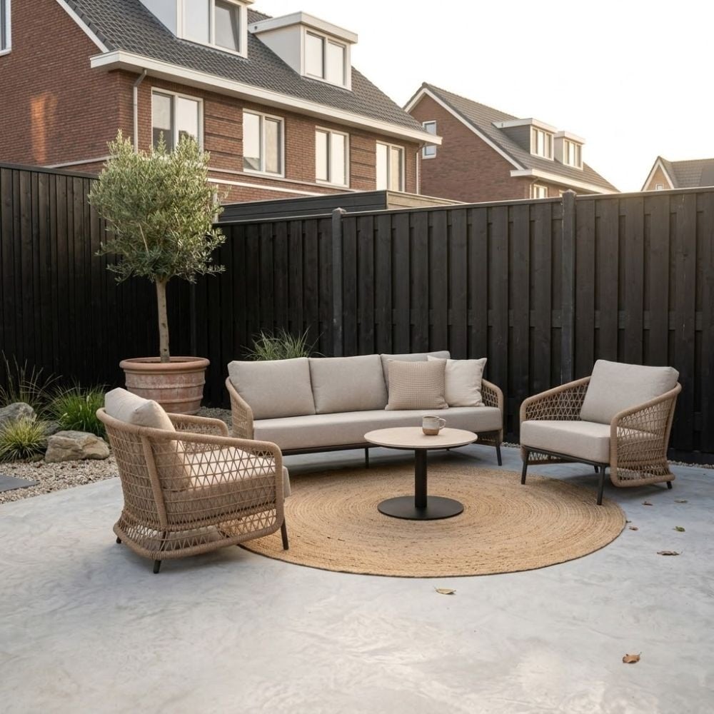 vienna stoel bank loungeset 5 personen incl tafel 60cm | wicker + aluminium | zand | 5 delig