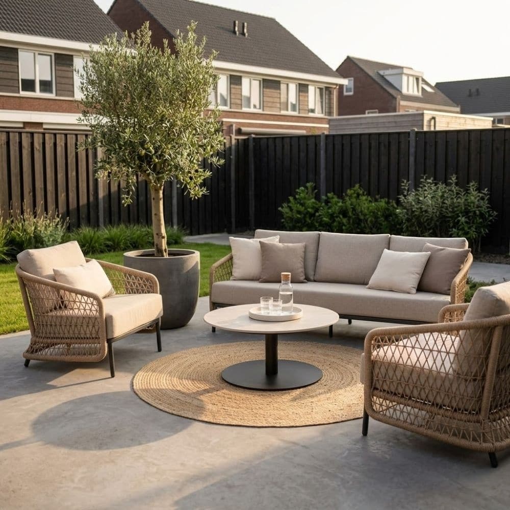 vienna stoel bank loungeset 5 personen incl. tafel 75cm | wicker + aluminium | zand | 5 delig