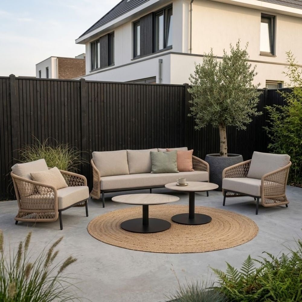 vienna stoel bank loungeset 5 personen incl. tafels | wicker + aluminium | zand | 6 delig