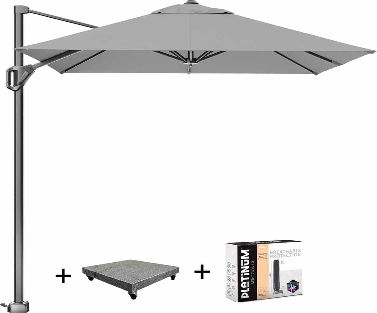 Voyager T1 zweefparasol 250×250 cm lichtgrijs met 75KG voet en